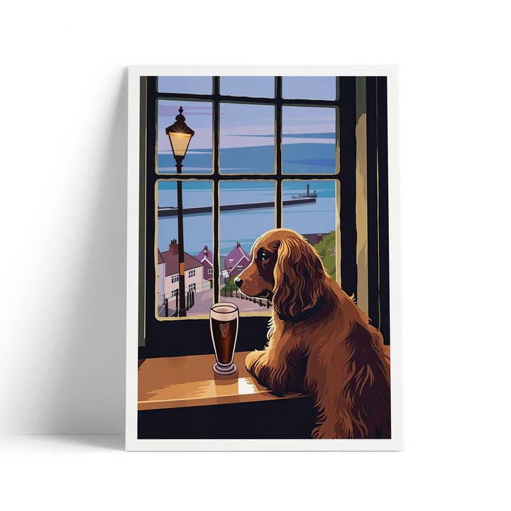 Printagonist – wholesale Art print – Whitby Travel Poster featuring Cocker Spaniel and 199 steps