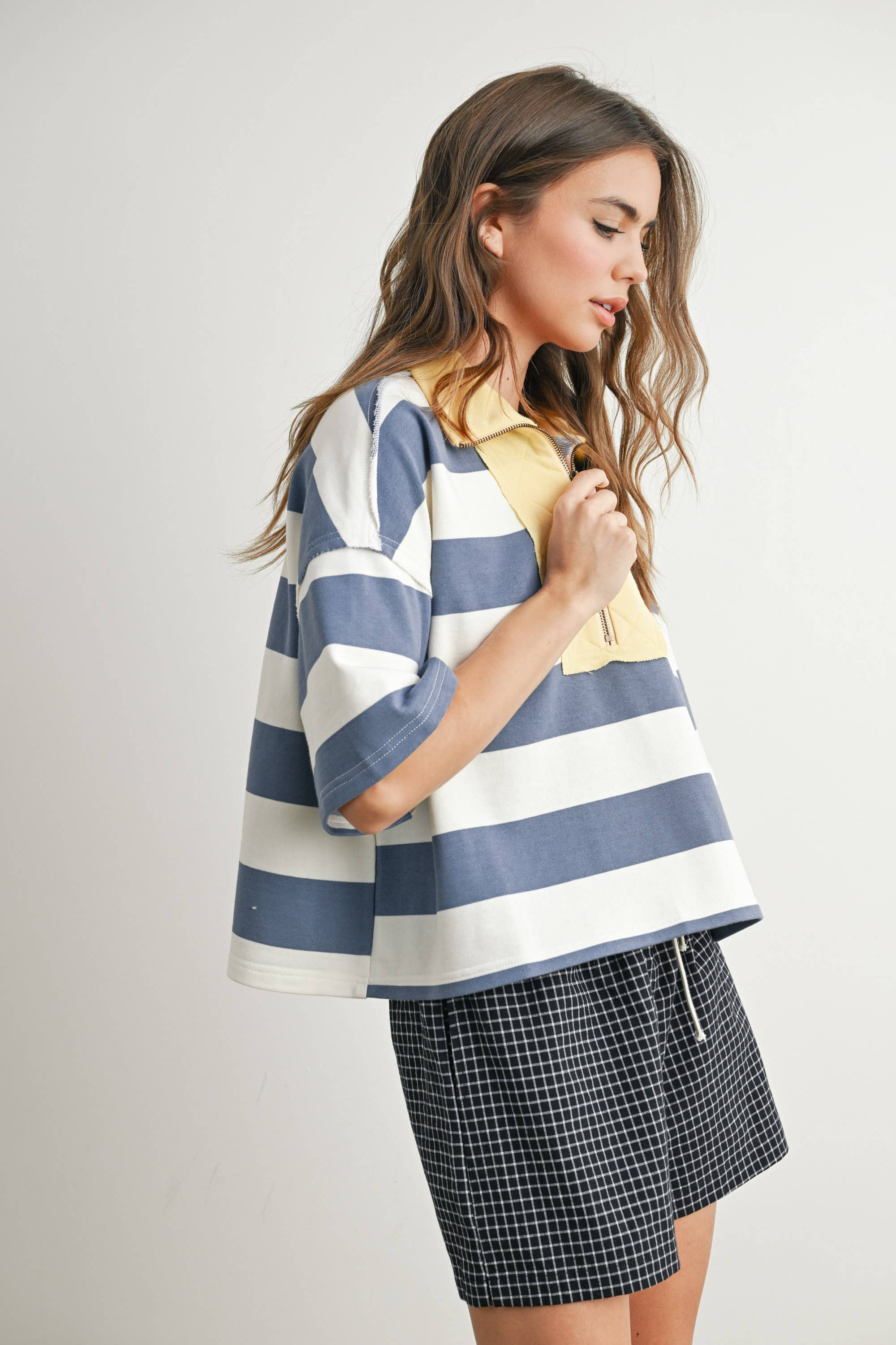BLUE MULTI Oversized Striped Zip-Up Polo Shirt - BMT7711 for wholesale on Faire6