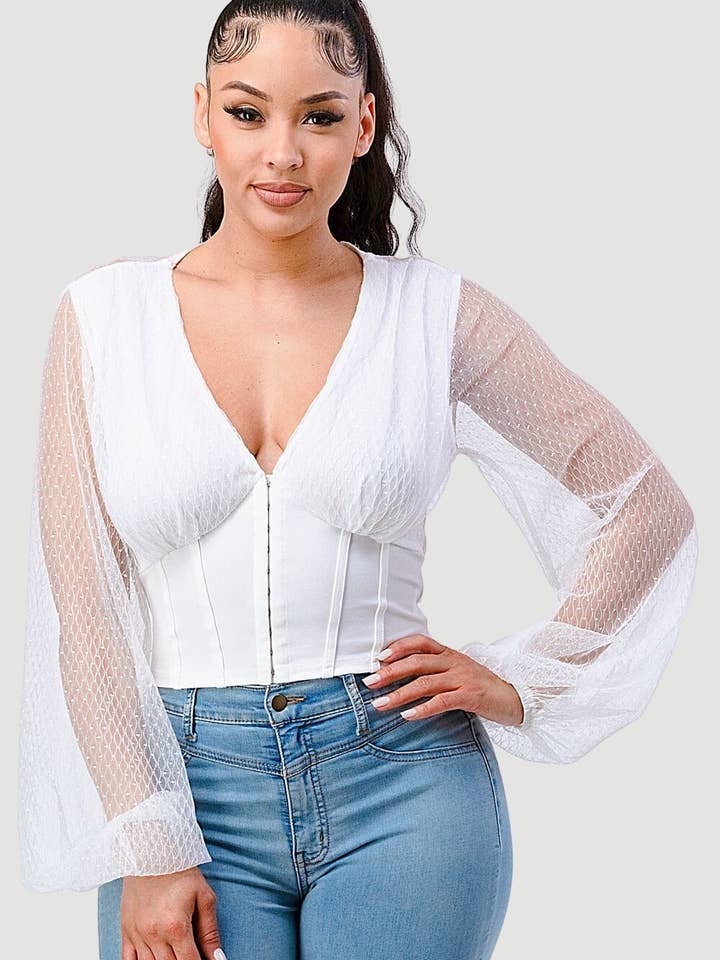 LUXE V-NECK SEE-THRU MESH CONTRAST CORSET TOP for wholesale by PRIVY