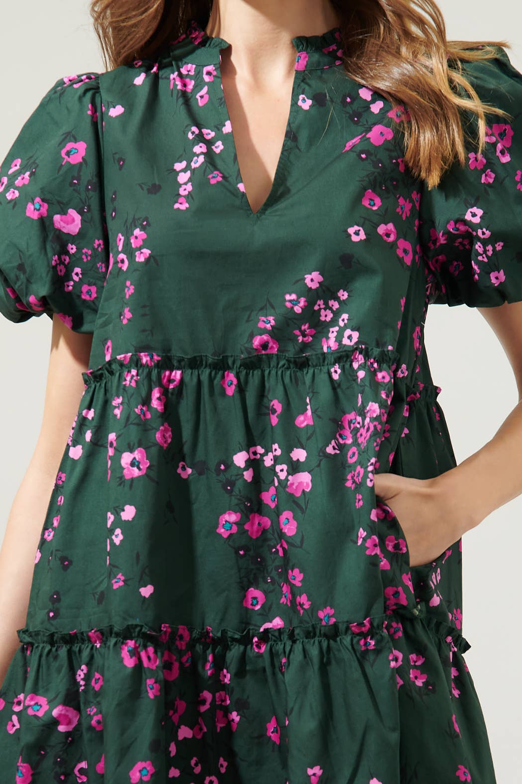 EMERALD MULTI Anissa Floral Jeanne Bubble Sleeve Babydoll Dress for wholesale on Faire4