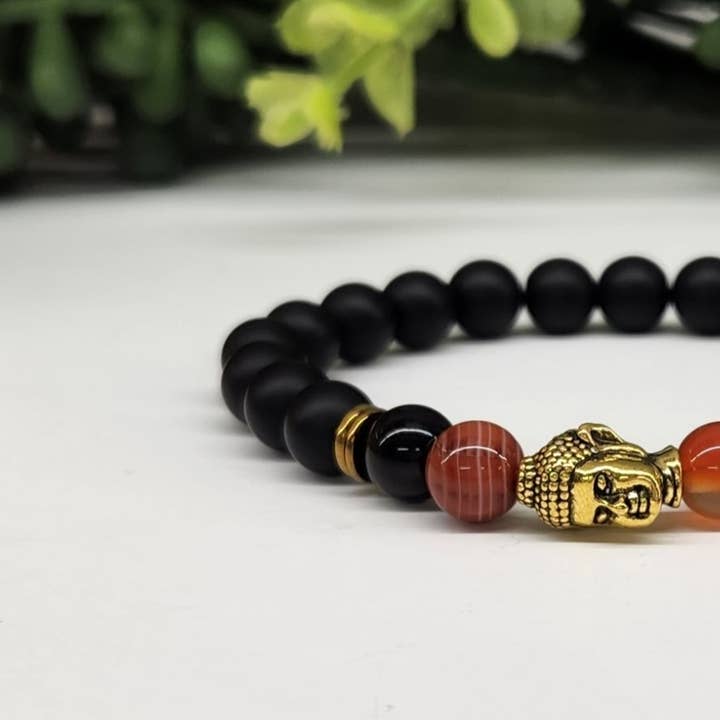 Meraki Gemstones – wholesale Beaded bracelet – Buddha Bead with Carnelian & Black Obsidian Matte-8mm Bead1