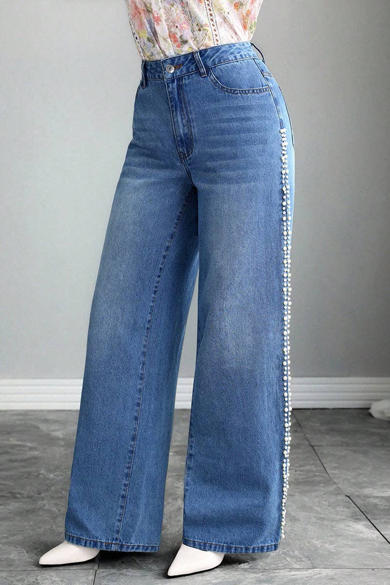 BLUE Pearl-Trim Wide Leg Jeans for wholesale on Faire2