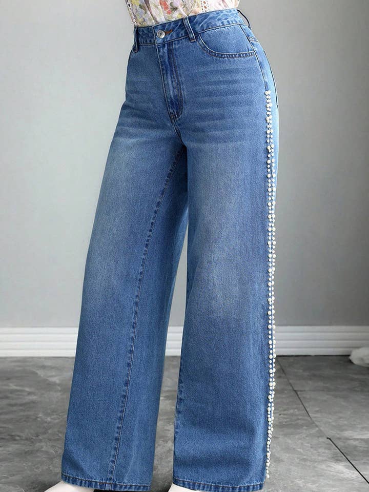 BLUE Pearl-Trim Wide Leg Jeans for wholesale on Faire2