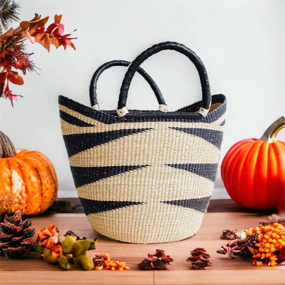 The African Home Goods - Wholesale Beach Bag - Large U-Shopper - Beach Tote Bag Ghana Basket Black & Tan3