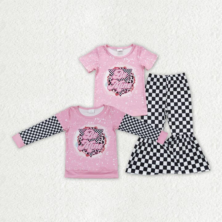 Sibling Baby Girls Be mine Valentines Shirts Checkered Bell Pants Sets for wholesale by Aier Wholesale