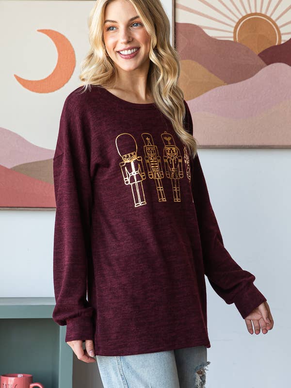DK BURGUNDY ET7712-10 LONG PUFF SLEEVE ROUND NECK SOLID TOY SOLDIER PRIN for wholesale on Faire