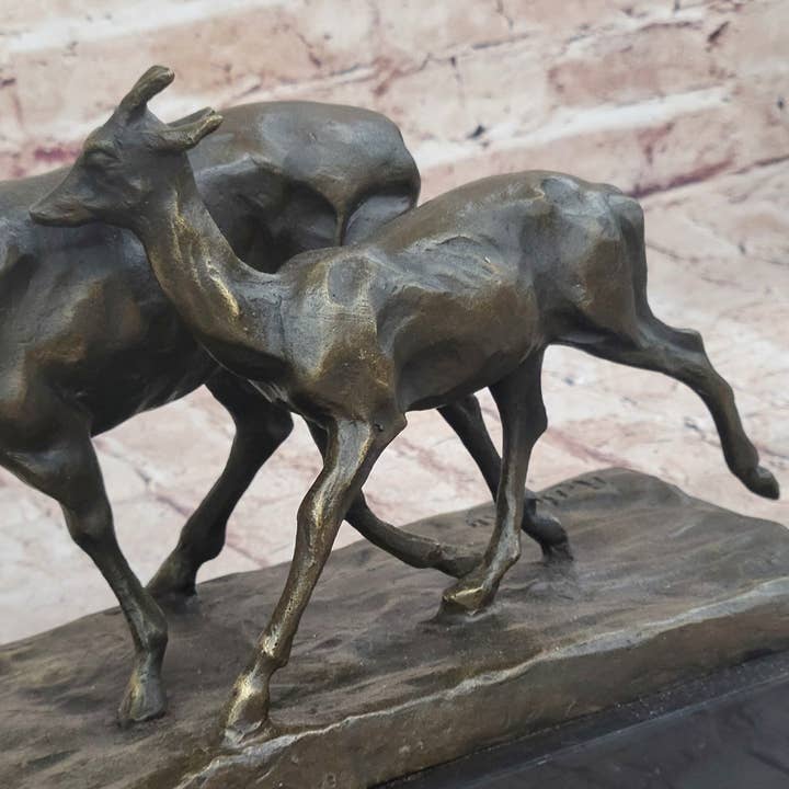 Bronzhaus - Wholesale Sculpture - Deer Buck Elk and Doe Fawn Caribou Reindeer Bronze Statue Sculpture Marble Base 11" x 13"7