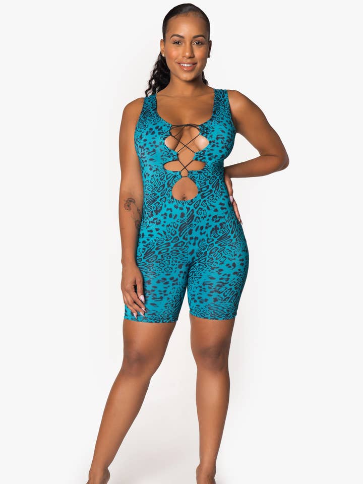 Teal Leopard Print Cut Out Romper for wholesale by Playsuit Apparel