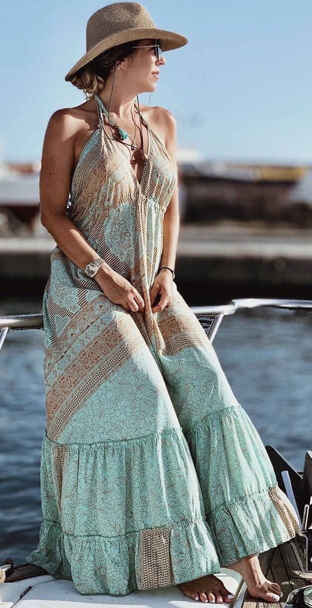 Miss Kitsch - Wholesale Dress - Women's - IBIZA DRESS Boho Long Silk Dress, Sea Green and Gold1