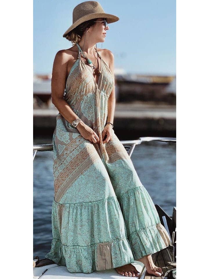 Miss Kitsch - Wholesale Dress - Women's - IBIZA DRESS Boho Long Silk Dress, Sea Green and Gold1
