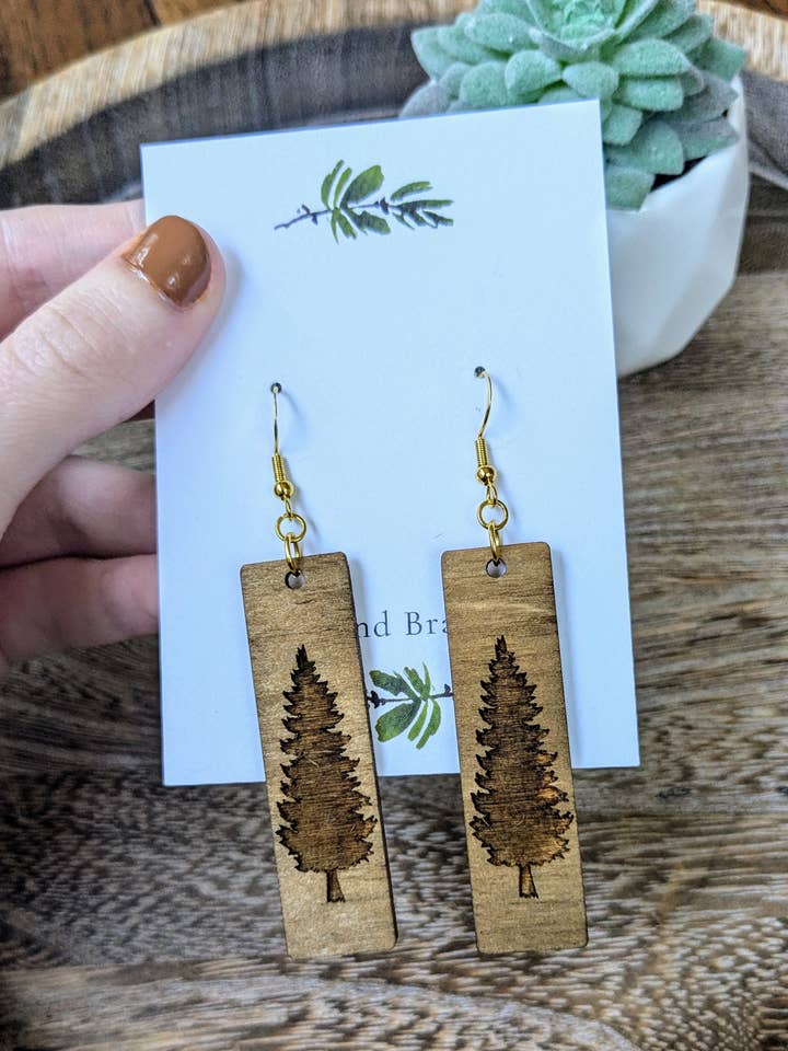Pine Tree Engraved Rectangle Wood Dangle Earrings for wholesale by Stag and Branch