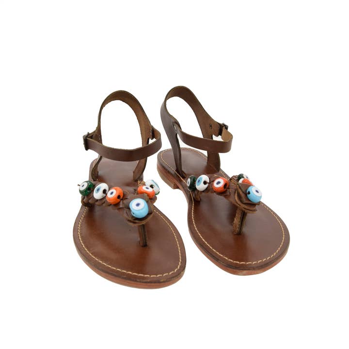FIBO – wholesale Sandals – Women's – Leather Flip-Flop Beaded Flat Sandal Women, Chestnut Brown