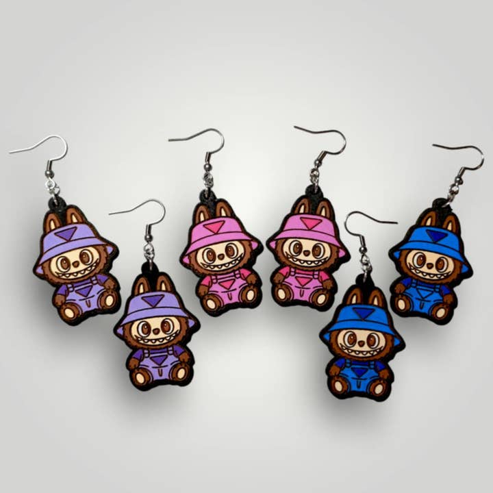Labubu Monsters in Overalls Hand Painted Wood Earrings for wholesale by Moon Child Trinkets