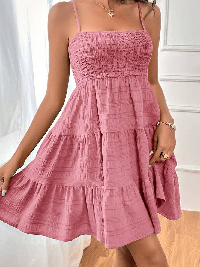 UNISHE - Vente Robe – femme - Robe cami smockée texturée unie printemps-été AXR0836