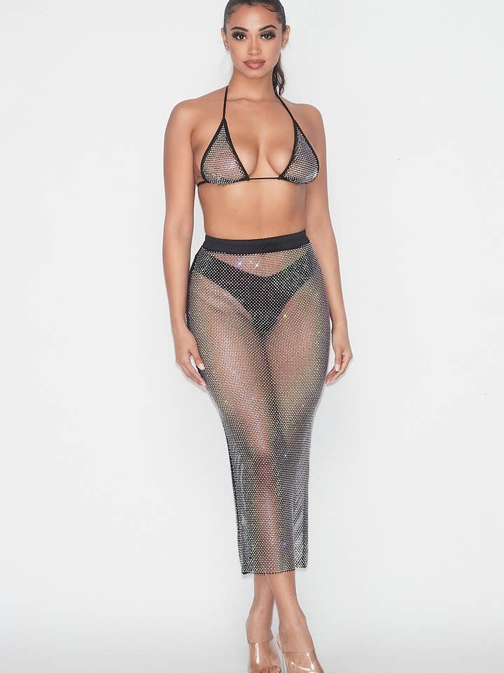 Like Me Better Fishnet Rhinestone Sheer Skirt Set (HGC5498) for wholesale by Hot & Delicious