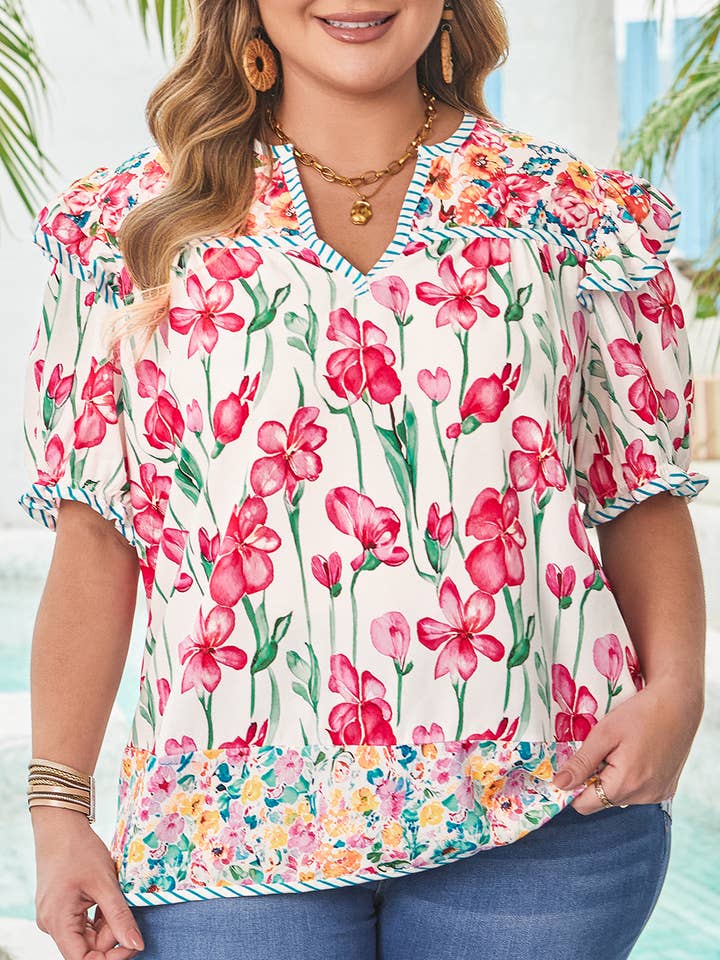 Plus Size Floral Print Striped Trim V Neck Blouse for wholesale by FULL TIME PURCHASE