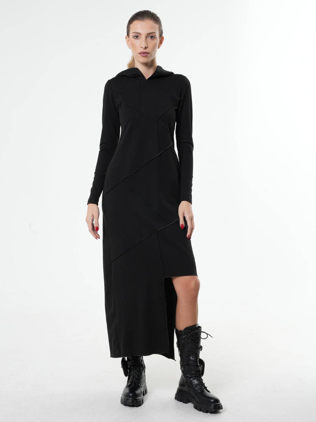 Metamorphoza - Wholesale Dress - Women's - Asymmetric Hooded Black Dress3