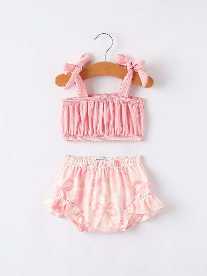 Spring Summer Pink Pleated Suspender Vest And Floral Bloomers Set for wholesale by Rylee Faith Designs