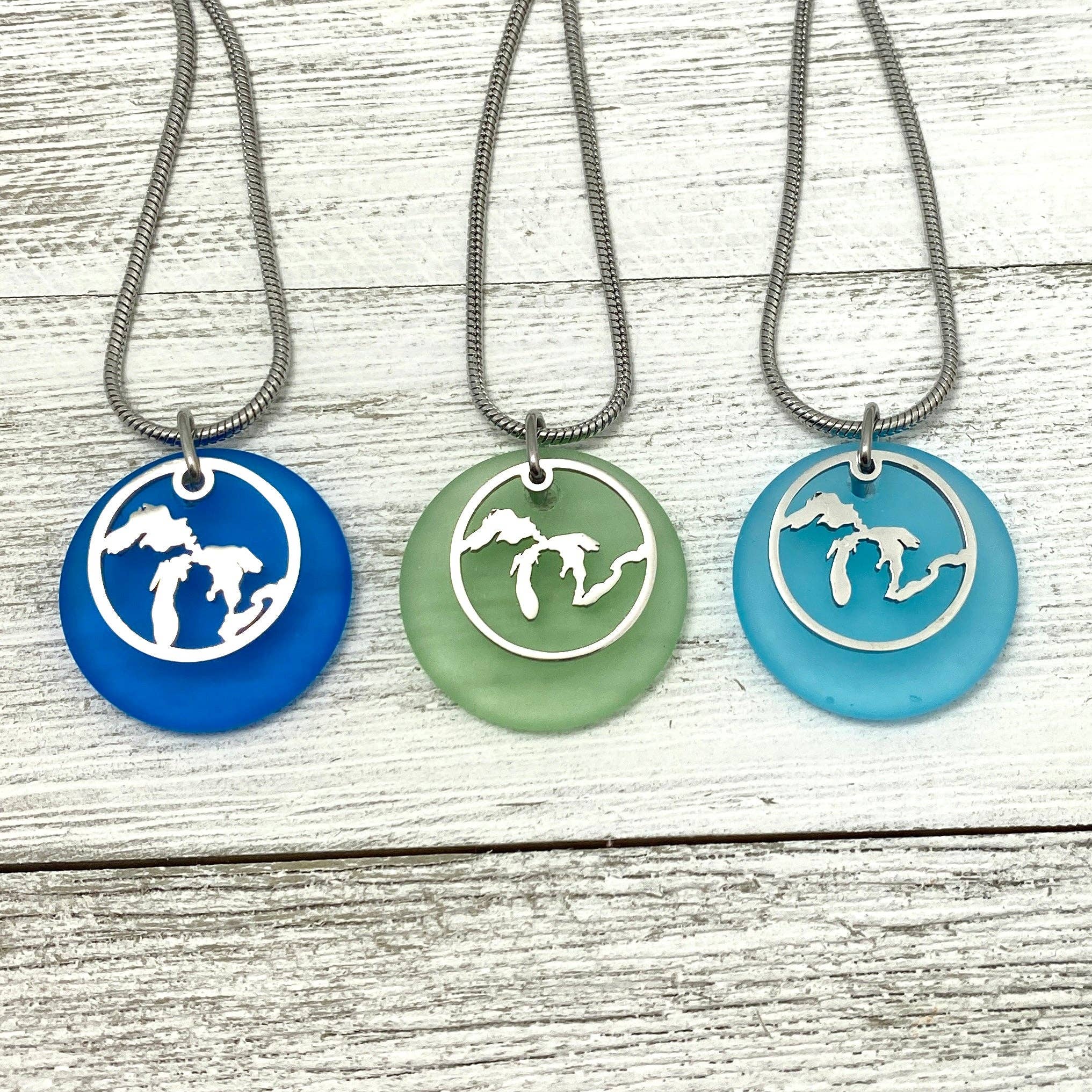 Be Inspired UP - Wholesale Pendant/Charm Necklace - Great Lakes Outline Beach Glass Pendant2