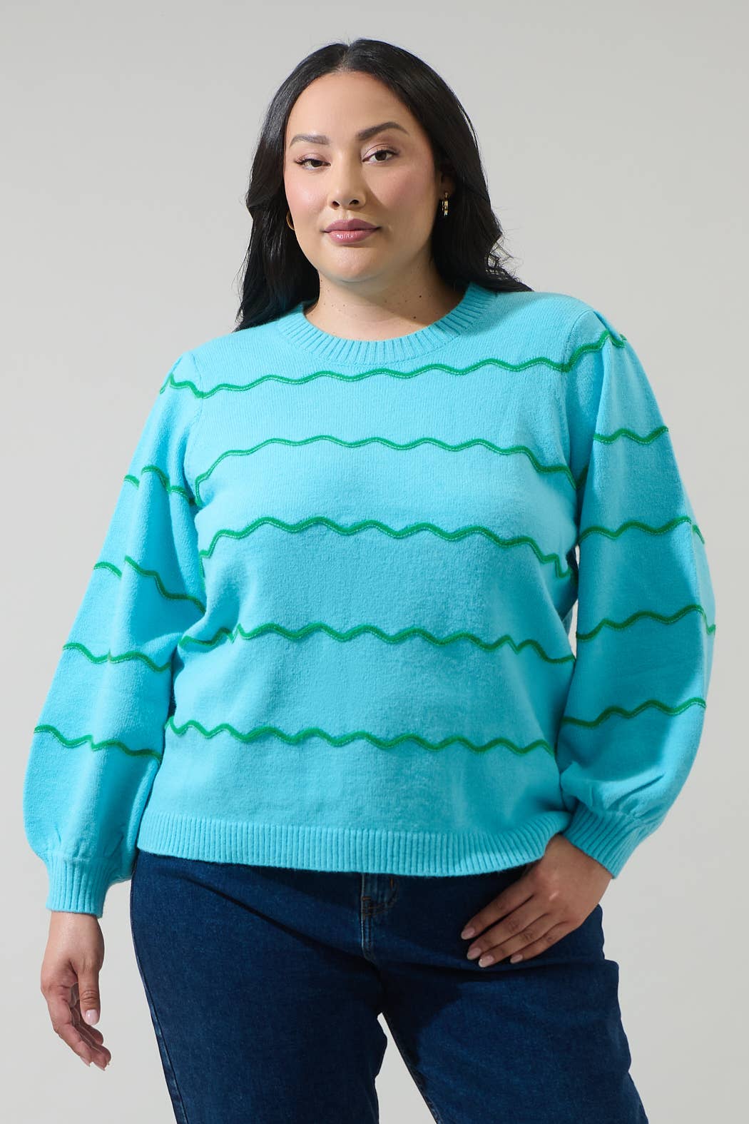Sugarlips - Wholesale Knit Sweater - Women's - Maeverly Wavy Stripe Balloon Sleeve Sweater Curve3