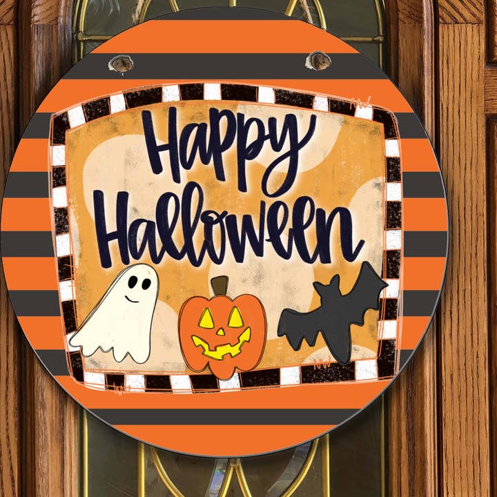 Happy Halloween Door Hanger - Ghost, Pumpkin and Bat Design for wholesale by Joetta Marie
