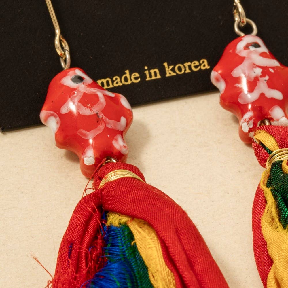 Anarchy Street - Wholesale Dangle Earrings - Ceramic Fish Multi Fabric Fringe Drop Earrings3