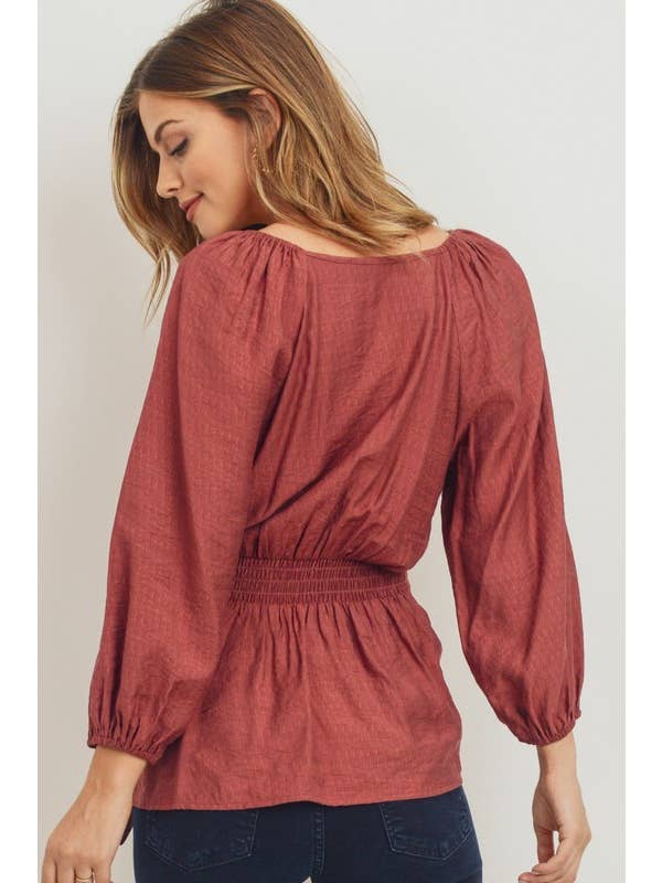 Sweet Rain - Wholesale Blouse - Women's - 3/4 V Neck With Buckle Self Tie2