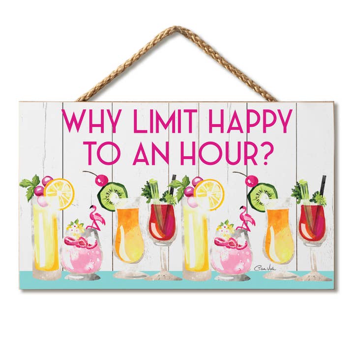 "Why Limit Happy Hour" Hanging Wood Sign 9.5" x 5.75" for wholesale by CounterArt/Highland Home/Thirstystone/CoasterStone