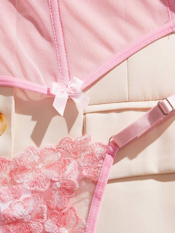 Rose Ensemble de corset lingerie brodé floral pour femmes SKLG4162 en vente sur Faire3