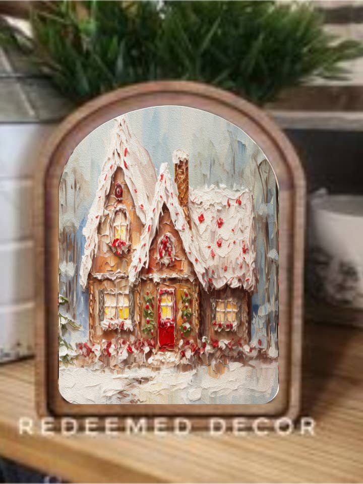 Arch Top Gingerbread Cottage Framed Art for wholesale by Redeemed Decor