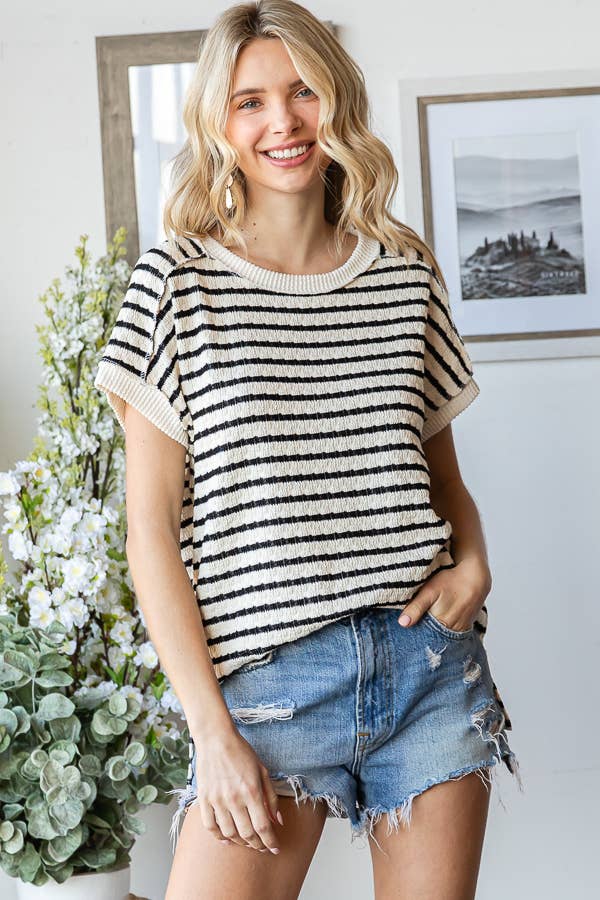 7th Ray - Venta al por mayor Jersey corto de punto - Mujer - Top de manga corta con abertura lateral y textura de rayas T586515