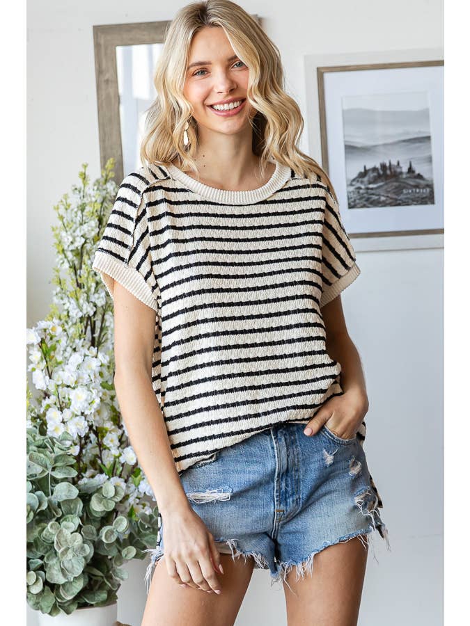 7th Ray - Venta al por mayor Jersey corto de punto - Mujer - Top de manga corta con abertura lateral y textura de rayas T586515