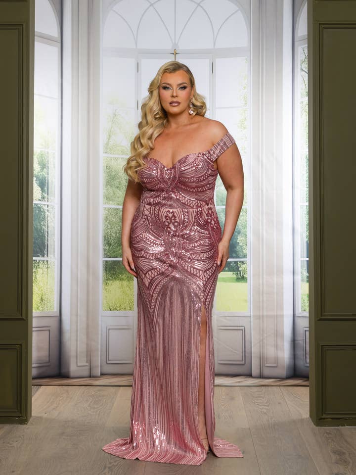 P1013P47-PLUS PATTERNED SEQUIN OFF SHOULDER MAXI DRESS for wholesale by RICARICA INC.