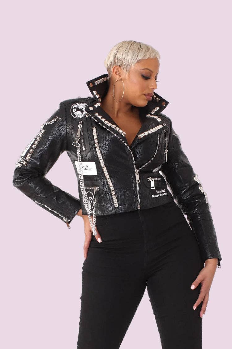 For Her NYC - Vente Veste en cuir – femme - Blouson Moto en Cuir Clouté avec Imprimés Graphiques - 817712
