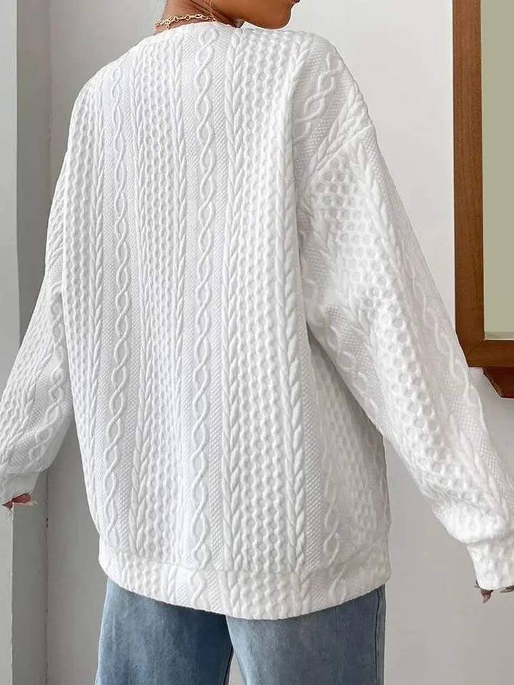 WEISS Langärmliges Sweatshirt mit Zopfmuster und O-Ausschnitt für den Großhandel auf Faire