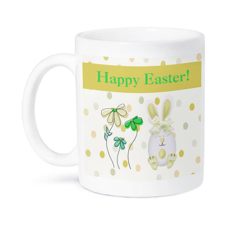3dRose - Wholesale Coffee mug - 3dRose, Easter Egg Bunny Rabbit with Flowers on Dots, Mustard Yellow, Green, Aqua, Mug8