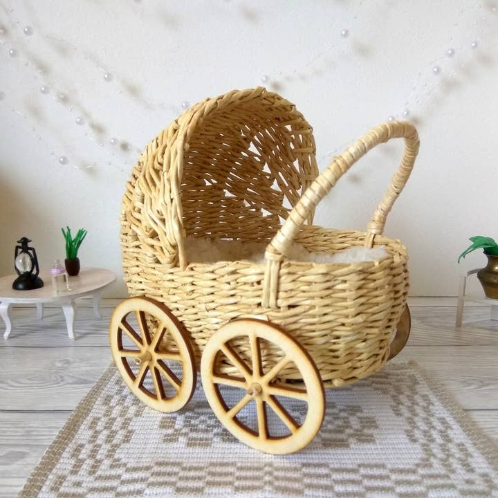 Lenasminiland - Wholesale Doll Accessory Kit - Kids - Miniature baby carriage, rattan look wicker doll stroller wi