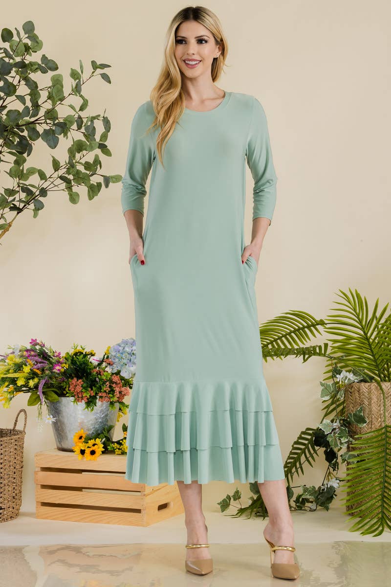 Celeste Clothing – Großhandel Kleid – Damen – Großgrößen-Midikleid mit gestuften Rüschen und 3/4-Ärmeln20