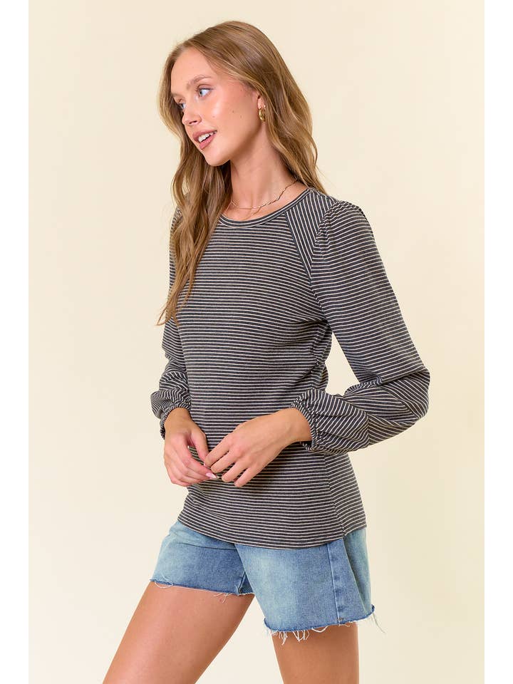 Doe and Rae - Wholesale Knit Top - Women's - Round Neck Bubble Long Sleeve Striped Top - 44767T12