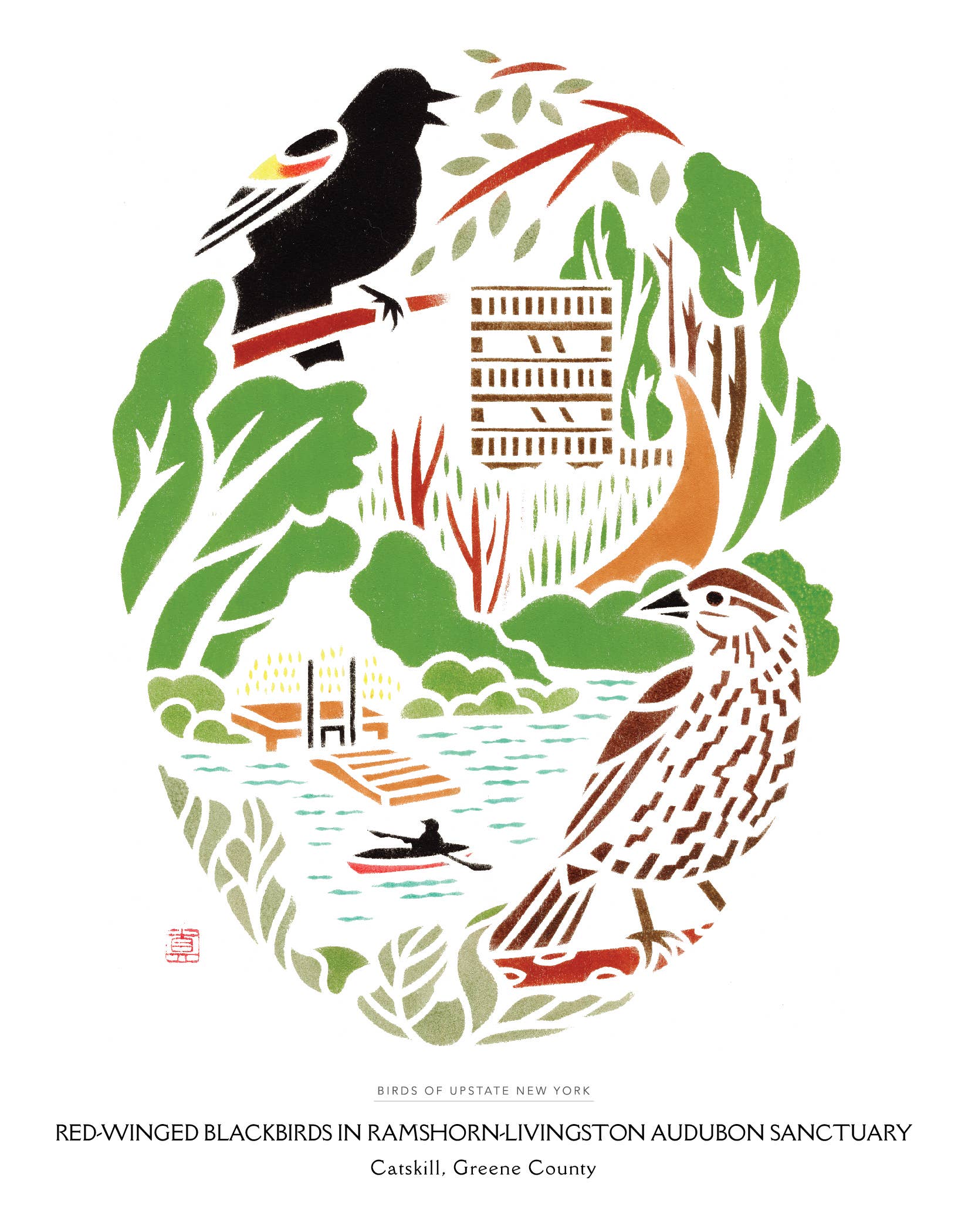 Mayuko Fujino Bird & Nature Art - Wholesale Art Print - Art print: Red-winged Blackbirds in RamsHorn-Livingston1