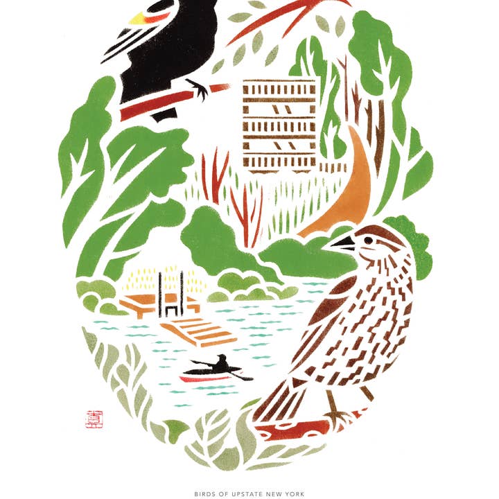 Mayuko Fujino Bird & Nature Art - Wholesale Art Print - Art print: Red-winged Blackbirds in RamsHorn-Livingston1