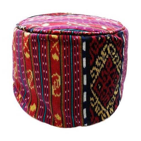 Round Ikat Pouf Ottoman, Red. Cover Only with No Insert. 20" inches W x 13.5 inches H for wholesale by Kasih Co-op