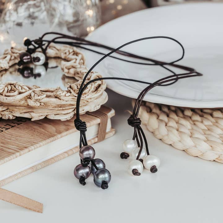 Leather Pearl Tassel Y Necklace: Bohemian Coastal Style for wholesale by The Rustic Boho Chic