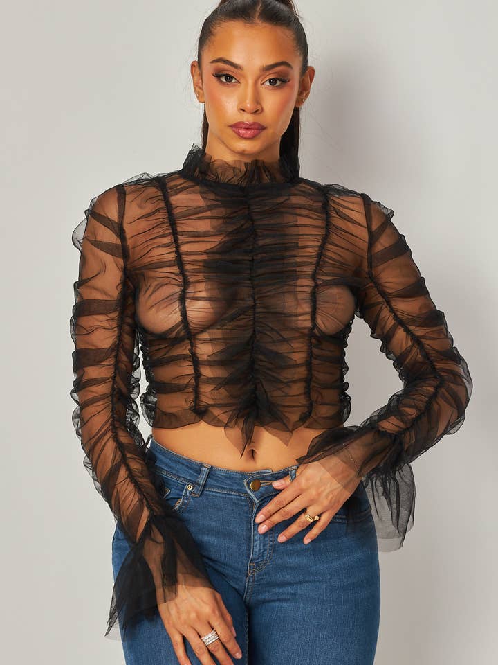 Hot & Delicious – Engroshandel Bluse - Dame – All Of Me Shirred Mesh Mock Hals Langærmet Top (HDT31460)4