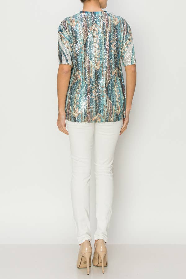 Origami Apparel ~  Lace and Crochet inspired - Wholesale Blouse - Women's - LINED ALL SEQUIN SHORT SLEEVE TOP-4638 SILVER TURQ GEO1