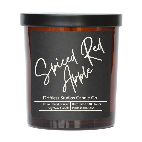 Bougie de soja épicée à la pomme rouge, bocal de 10 oz avec couvercle, étiquette noire pour la vente par Driftless Studios