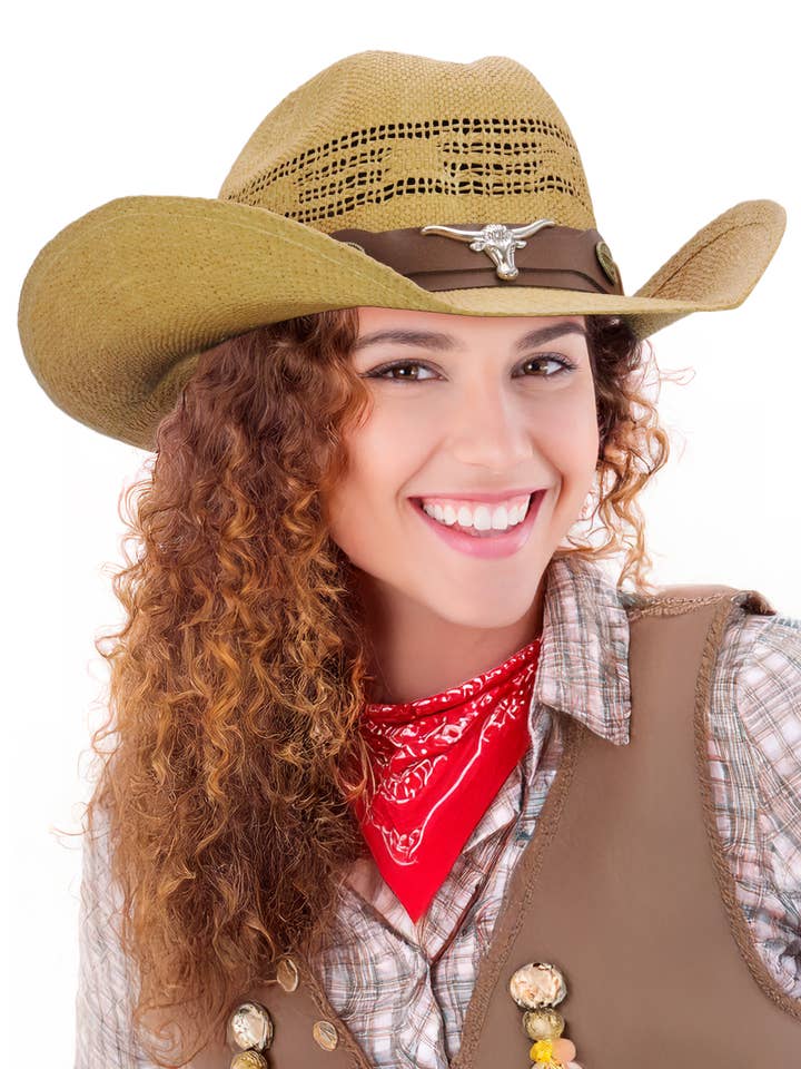 Brown Longhorn Belt Bangora Paper Straw Cowboy Hat for wholesale by Cap Zone