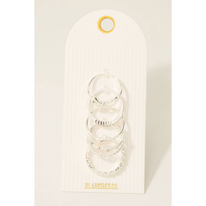 Fame Accessories - Wholesale Band/Stacked Ring - 5Pc Cz Pearl And Ribbon Bow Mixed Band Rings Set3