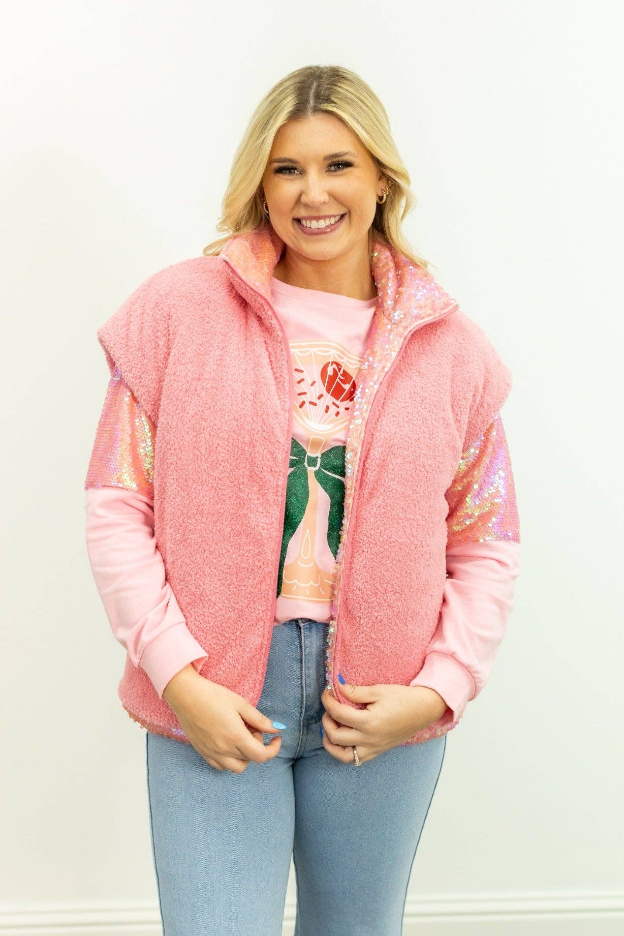 Sequin Puffer Vest, Pink for wholesale on Faire5