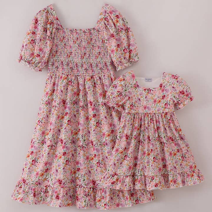 Purple floral print ruffle mom&me dress for wholesale by Aspen Rain Boutique